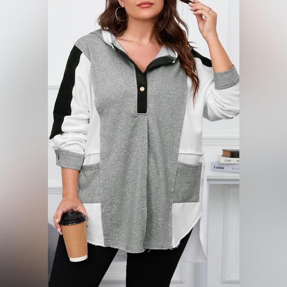 Plus Size Slit Color Block Half Snap Hoodie - Picture 1 of 4